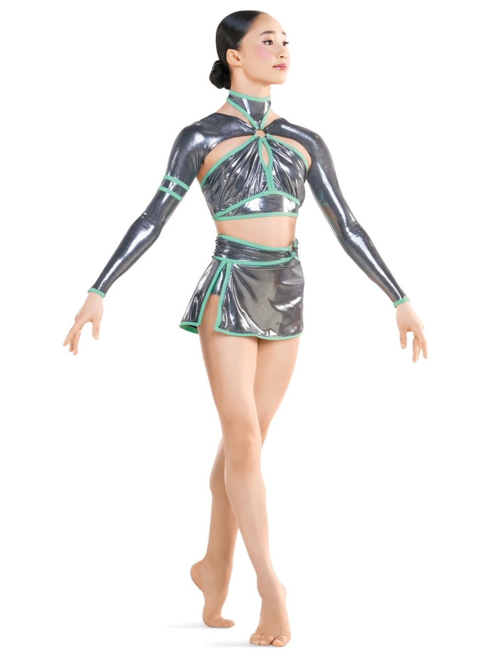 Girls Metallic Silver Dance Set with Mint Trim